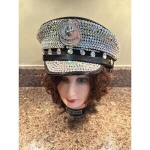 Police Sequin Rhinestones Hat Cap Policeman Cop w/ Badge Adult Costume